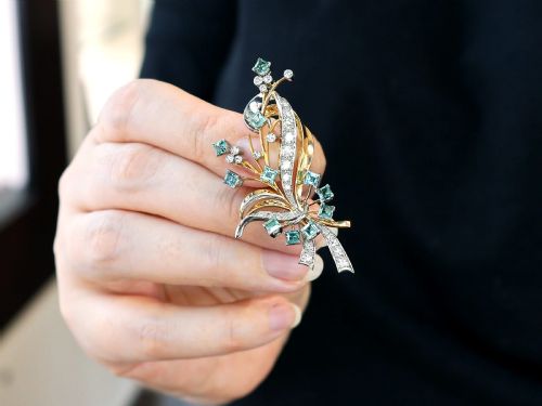 fig 2. Vintage 1.75ct Aquamarine 1.38ct Diamond 18ct Yellow Gold and Palladium Spray Brooch Circa 1950