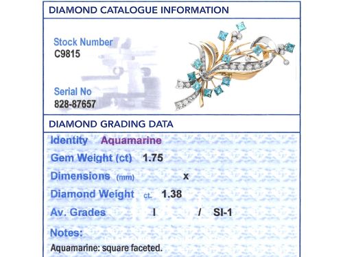 fig 8. Vintage 1.75ct Aquamarine 1.38ct Diamond 18ct Yellow Gold and Palladium Spray Brooch Circa 1950