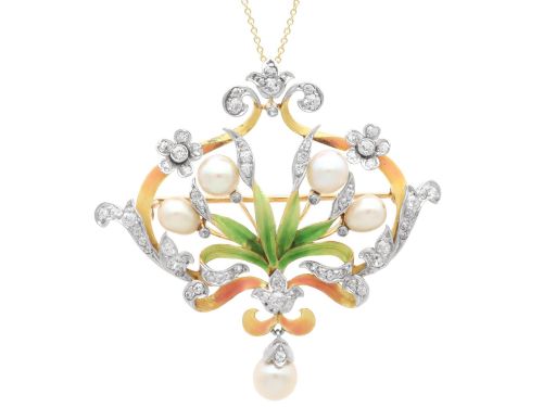Antique Natural Saltwater Pearl 2.42ct Diamond Enamel and 18ct Yellow Gold Pendant / Brooch Circa 1895