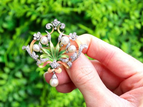 fig 1. Antique Natural Saltwater Pearl 2.42ct Diamond Enamel and 18ct Yellow Gold Pendant / Brooch Circa 1895