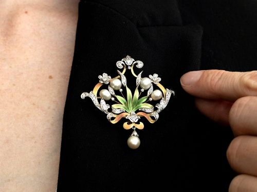 fig 4. Antique Natural Saltwater Pearl 2.42ct Diamond Enamel and 18ct Yellow Gold Pendant / Brooch Circa 1895