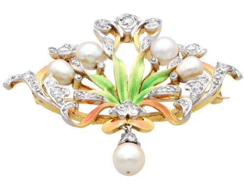 fig 7. Antique Natural Saltwater Pearl 2.42ct Diamond Enamel and 18ct Yellow Gold Pendant / Brooch Circa 1895
