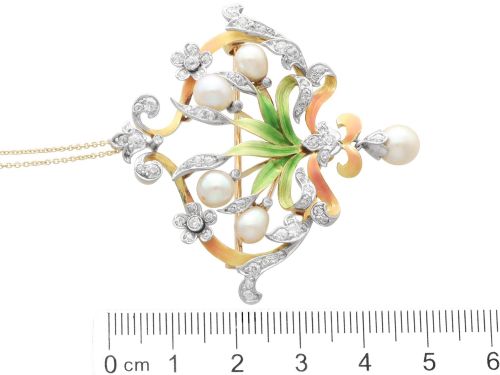 fig 10. Antique Natural Saltwater Pearl 2.42ct Diamond Enamel and 18ct Yellow Gold Pendant / Brooch Circa 1895