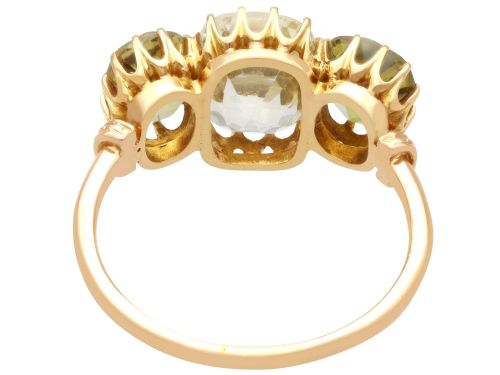 fig 7. A late Victorian 18ct yellow gold trilogy ring featuring a central cushion-cut yellow sapphire flanked by two greenish-yellow chrysoberyl gemstones in claw settings.