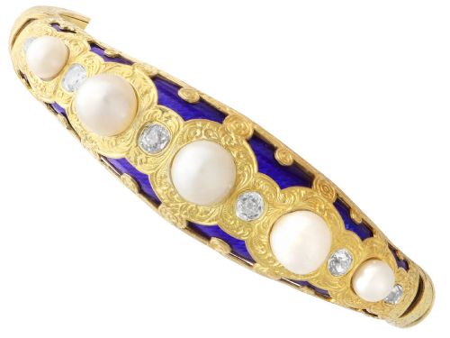 Natural Pearl and 0.64ct Diamond, Enamel, 20ct Yellow Gold Bangle - Antique Circa 1865