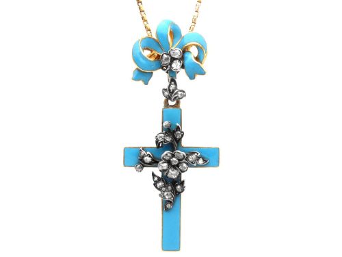 0.44ct Diamond and Blue Enamel 15ct Yellow Gold Cross Pendant - Antique Circa 1830