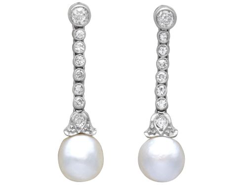 Natural Saltwater Pearl and 1.00ct Diamond 14ct Yellow Gold Drop Earrings - Antique Circa 1910