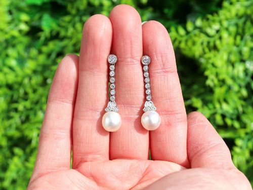 fig 1. Natural Saltwater Pearl and 1.00ct Diamond 14ct Yellow Gold Drop Earrings - Antique Circa 1910
