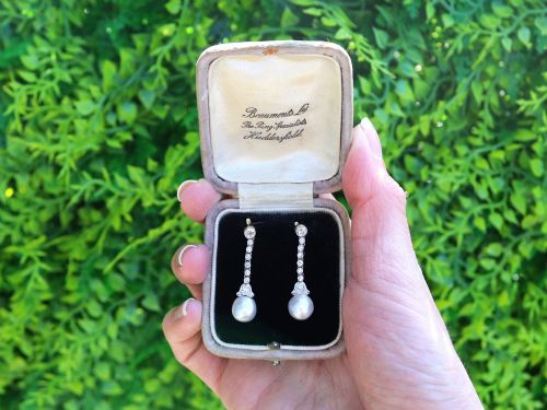 fig 2. Natural Saltwater Pearl and 1.00ct Diamond 14ct Yellow Gold Drop Earrings - Antique Circa 1910