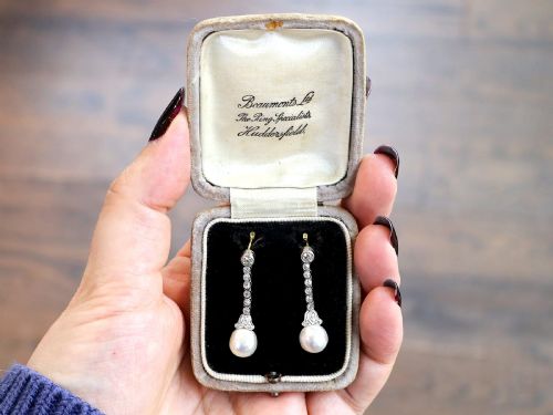 fig 3. Natural Saltwater Pearl and 1.00ct Diamond 14ct Yellow Gold Drop Earrings - Antique Circa 1910