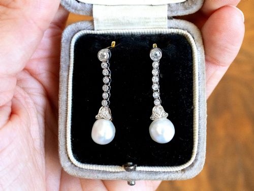 fig 4. Natural Saltwater Pearl and 1.00ct Diamond 14ct Yellow Gold Drop Earrings - Antique Circa 1910