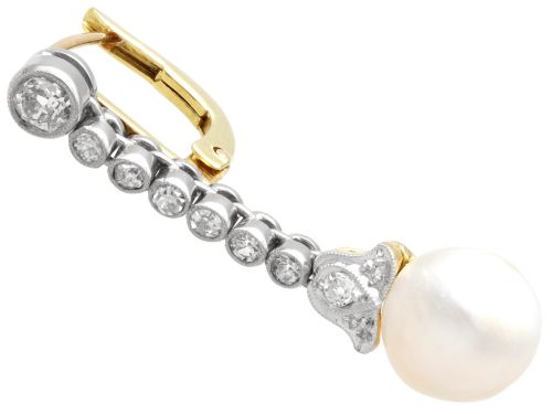 fig 5. Natural Saltwater Pearl and 1.00ct Diamond 14ct Yellow Gold Drop Earrings - Antique Circa 1910