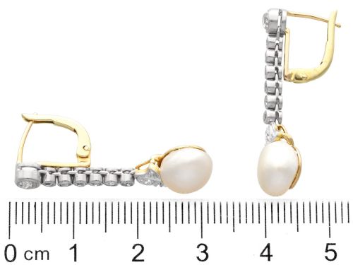 fig 7. Natural Saltwater Pearl and 1.00ct Diamond 14ct Yellow Gold Drop Earrings - Antique Circa 1910