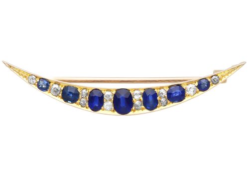 2.10ct Sapphire 0.25ct Diamond and 9ct Yellow Gold Crescent Brooch - Antique Circa 1890