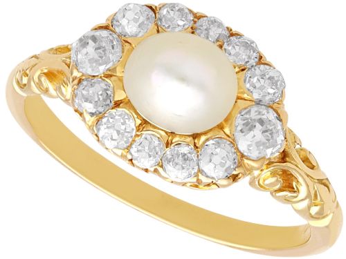 Natural Pearl and 0.65ct Diamond 18ct Yellow Gold Ring - Antique Circa 1890
