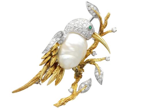 Blister Pearl, Emerald, 0.70ct Diamond and 14ct Gold Bird Brooch - Antique Circa 1930