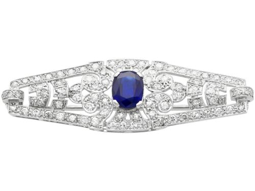1.50ct Basaltic Sapphire and 1.92ct Diamond 9ct White Gold Brooch - Antique Circa 1925