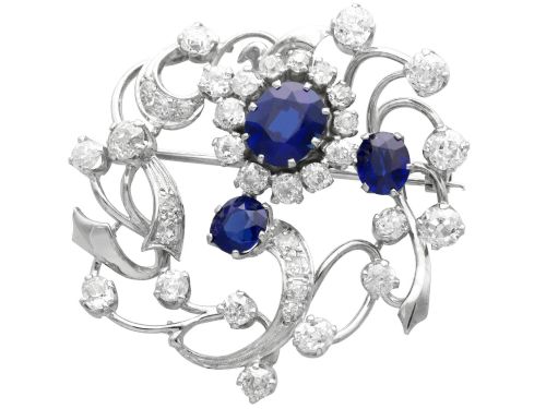 4.52ct Basaltic Sapphire and 3.87ct Diamond 18ct White Gold Brooch - Antique Circa 1910