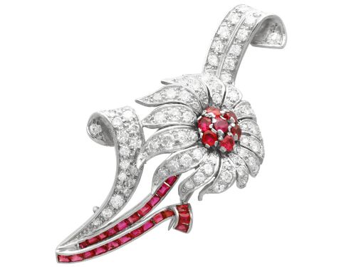 1.48ct Ruby and 2.92ct Diamond Platinum Flower Brooch - Vintage Circa 1950