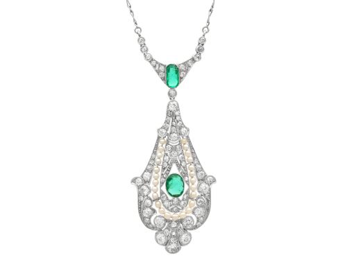 0.80ct Colombian Emerald, Seed Pearl and 2.26ct Diamond, Platinum Pendant - Antique Circa 1915
