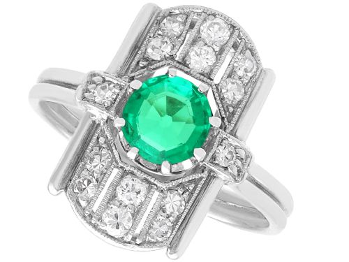 0.60ct Colombian Emerald and 0.30ct Diamond, 14ct White Gold Ring - Art Deco - Antique Circa 1930