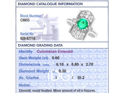 fig 9. An Art Deco 14ct white gold ring featuring a central round green emerald framed by geometric shoulders set with small brilliant diamonds.