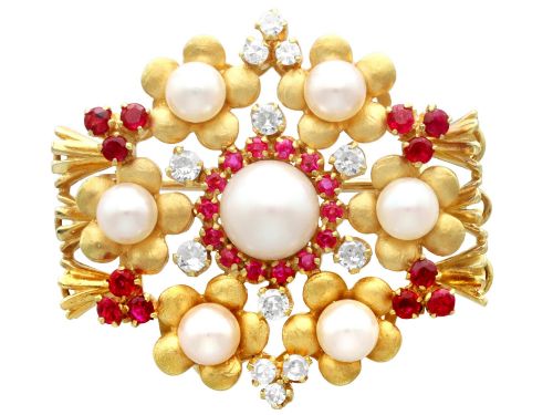 Pearl, 0.75ct Ruby, 0.42ct Diamond and 18ct Yellow Gold Brooch - Vintage Circa 1950