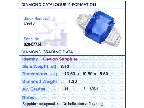 fig 9. An emerald-cut blue sapphire ring set in platinum with stepped baguette diamond shoulders.