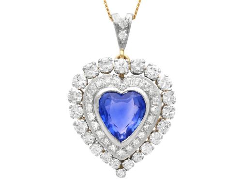 5.60ct Ceylon Sapphire and 2.55ct Diamond, 14ct Yellow Gold Heart Pendant - Vintage Circa 1950