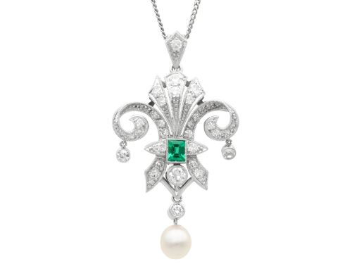 0.23ct Emerald, 0.75ct Diamond, Pearl and Platinum Pendant - Antique Circa 1935