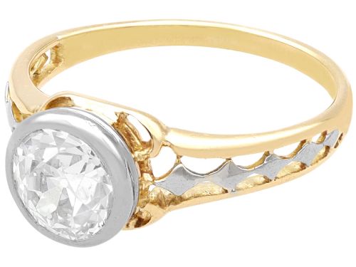 fig 5. An antique 15ct yellow gold solitaire ring featuring a bezel-set round diamond with decorative openwork shoulders.