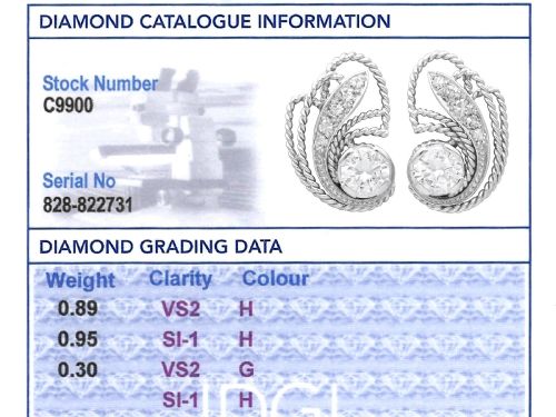 fig 8. A pair of Art Deco platinum earrings featuring round diamonds set within a textured rope-twist swirl design.