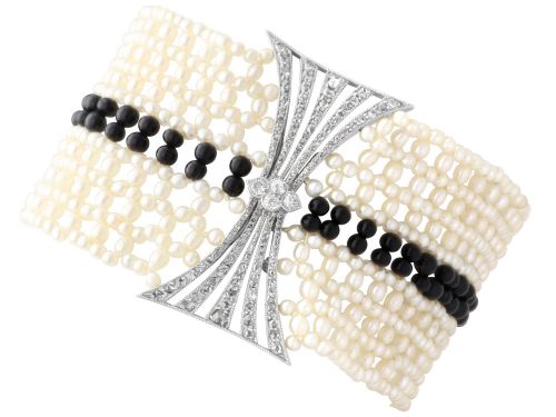 Pearl 4.00ct Onyx 2.42ct Diamond and Platinum Bracelet - Antique Circa 1925