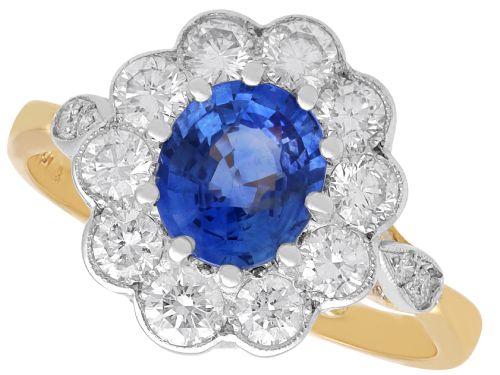 1.60ct Sapphire and 0.80ct Diamond, 18ct Yellow Gold Cluster Ring - Antique Circa 1935