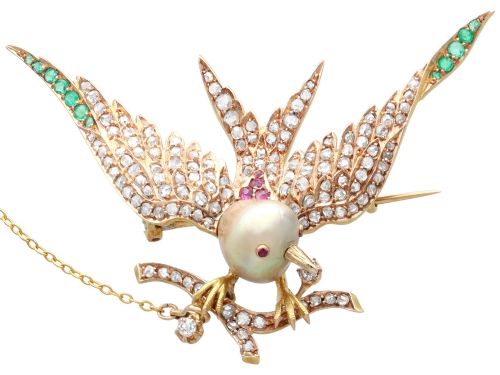 Natural Pearl, 0.28ct Emerald, 0.15ct Ruby, 2.05ct Diamond and 18ct Yellow Gold Bird Brooch - Antique Circa 1890