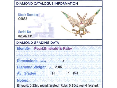 fig 9. An antique Victorian 18ct yellow gold bird brooch set with diamonds on the wings, emeralds along the outer feathers, a natural pearl body, and ruby details.
