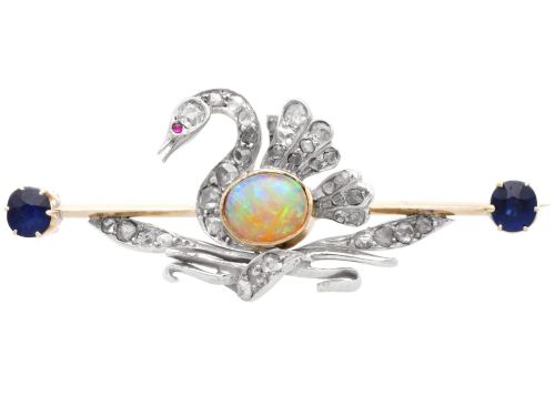 1.50ct Opal, 0.72ct Diamond, 0.90ct Sapphire and Ruby, 9ct Yellow Gold Swan Brooch - Antique Circa 1890