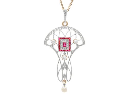 0.29ct Ruby, 0.80ct Diamond and Natural Pearl, 10ct Yellow Gold Pendant - Antique Circa 1915