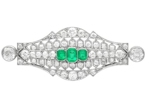 1.40ct Emerald and 6.20ct Diamond, Platinum Brooch - Art Deco - Antique Circa 1930
