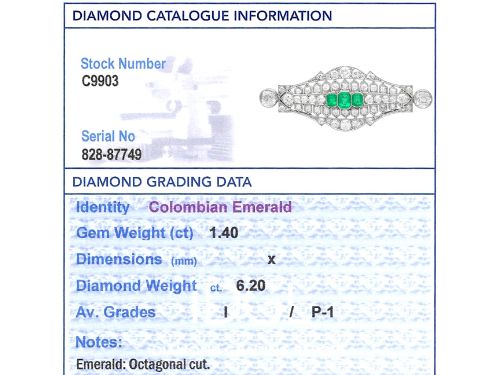 fig 10. An Art Deco platinum brooch featuring three central step-cut green emeralds surrounded by a geometric lattice of diamonds with millegrain borders.