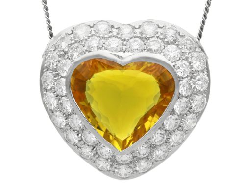 6.68ct Yellow Sapphire and 3.95ct Diamond, Platinum Heart Pendant - Vintage Circa 1945
