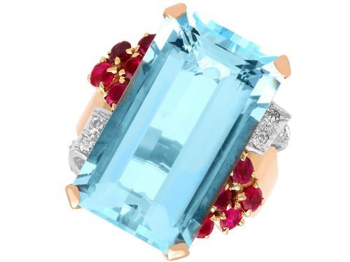 Vintage 23.20ct Aquamarine 0.60ct Ruby and 0.10ct Diamond 14ct Rose Gold Ring Circa 1945