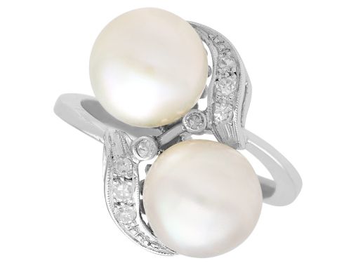 Vintage Pearl and 0.12ct Diamond 10ct White Gold Cocktail Ring Circa 1950