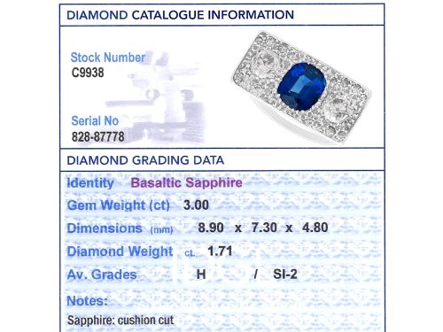 fig 10. An Art Deco platinum plaque ring set with a central blue sapphire flanked by two large diamonds and surrounded by smaller pave-set diamonds.
