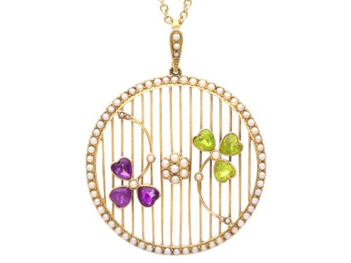1.00ct Peridot 0.75ct Amethyst Seed Pearl 18ct Yellow Gold Pendant Circa 1910