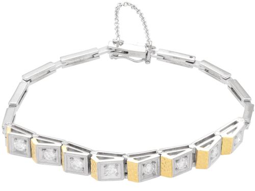 fig 6. An Art Deco two-tone 18ct gold and white metal link bracelet featuring square diamond-set panels alternating with textured gold links.