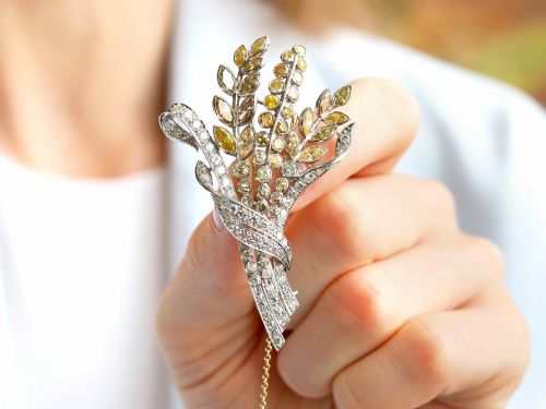 fig 2. An Art Deco diamond brooch designed as a stylized flower spray with yellow and white diamonds mounted in palladium with a safety chain.