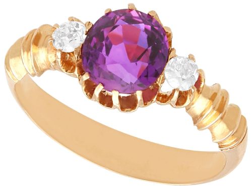 Antique Victorian 1.50ct Ceylon Purple Sapphire and 0.12ct Diamond 15ct Rose Gold Trilogy Ring