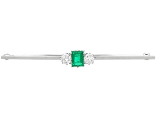 Antique 0.84ct Emerald and 0.80ct Diamond 18ct White Gold Bar Brooch Circa 1915