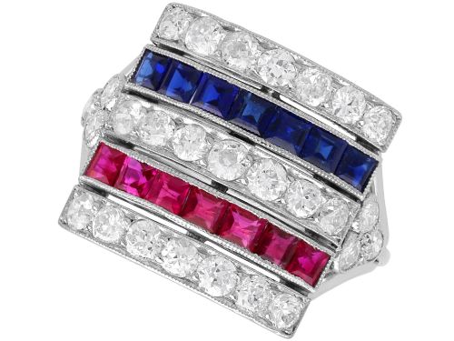 Antique 0.80ct Sapphire 0.80ct Ruby 2.15ct Diamond and Platinum Ring Circa 1915